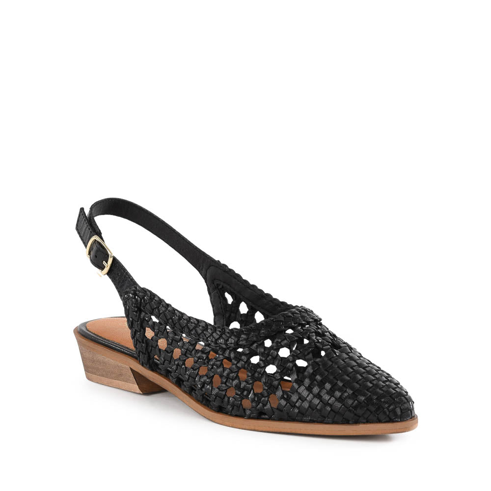 [Kathleen + Vanda] ミニスクエアトゥ アンクレット フラット Grackle Black Leather Flats - Bared Footwear